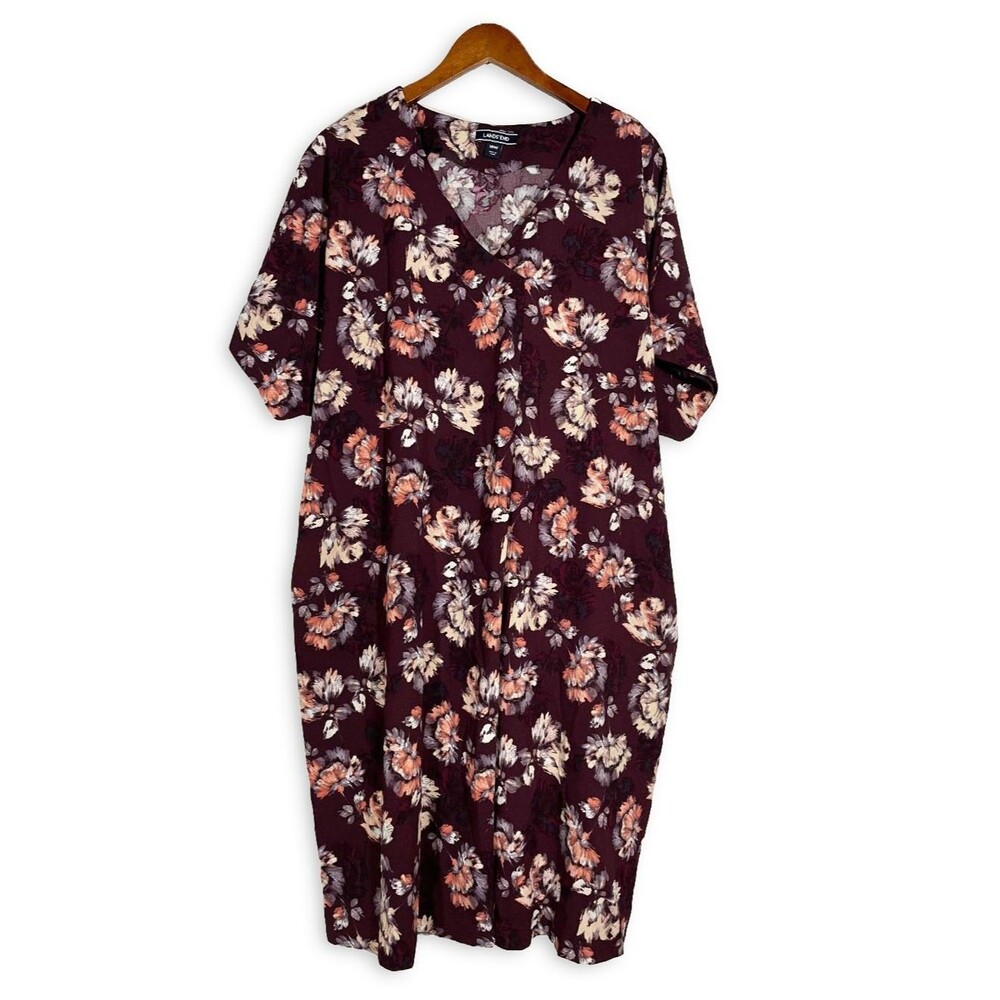 Lands' End Plus Size 18W Burgundy Floral V-Neck Midi Dress with Pockets